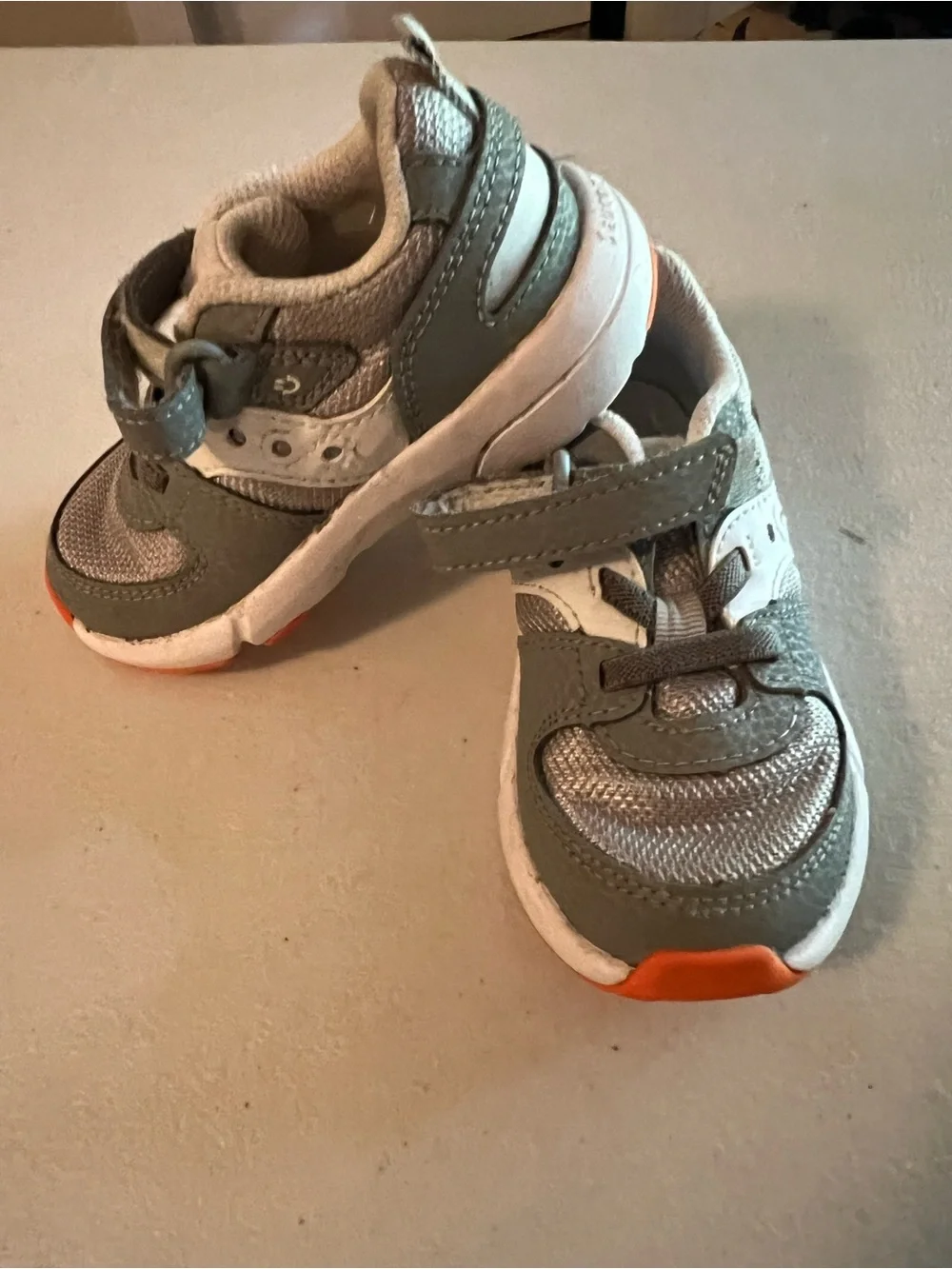 Saucony Kids Grey and White Athletic Sneakers with Orange Accent